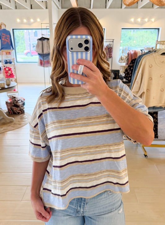 Striped Boxy T-Shirt, Blueberry
