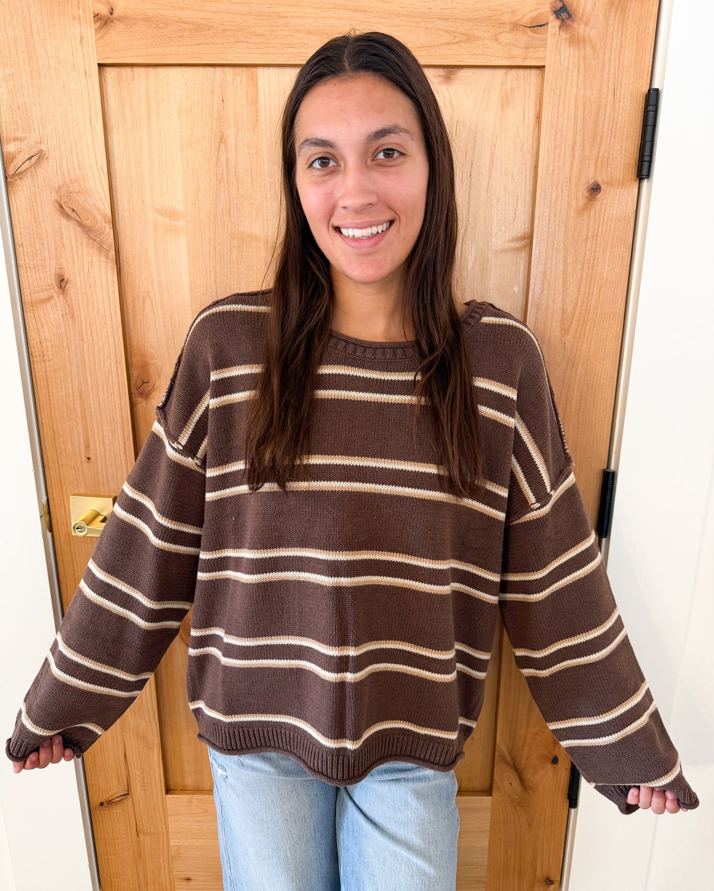 Exposed Seam Striped Sweater, Brown