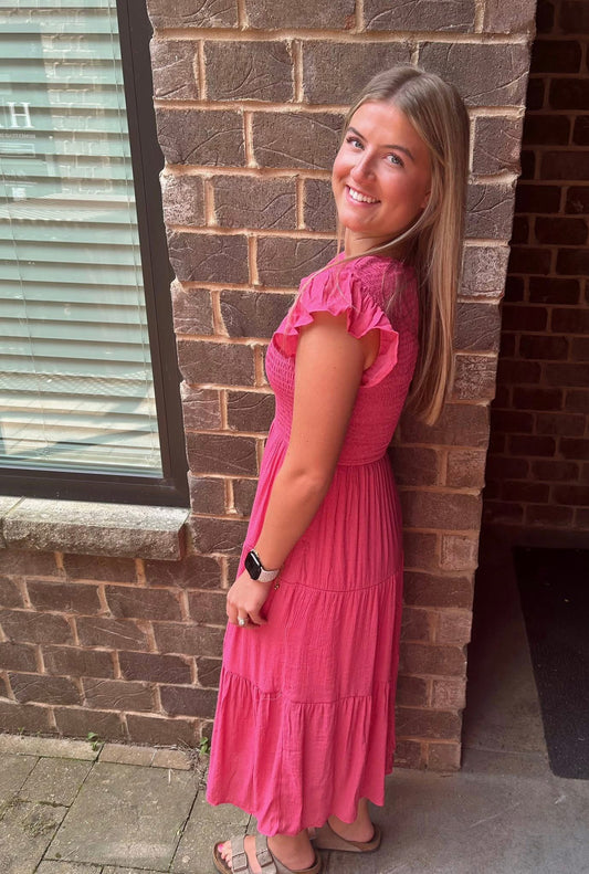 Smocked Tiered Midi Dress, Dusty Fuchsia