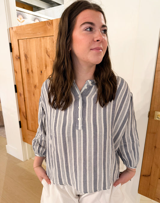 Striped Tie Cuff Blouse, Denim