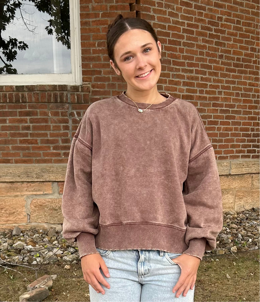 Acid Wash Oversized Fleece Pullover, Brown