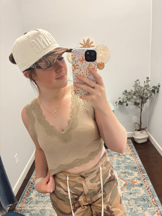 V-Neck Sleeveless Lace Solid Tank Top, Dried Taupe