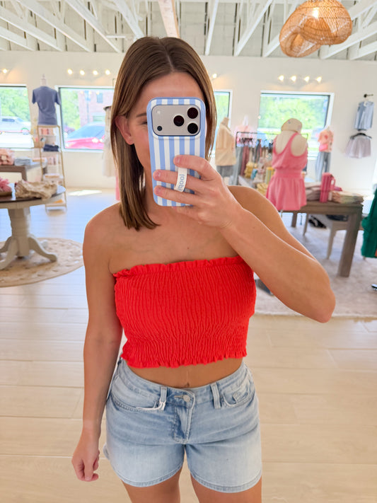 Smocked Bandeau Top, Red