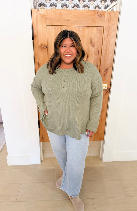Plus Waffle Henley Long Sleeve, Light Olive