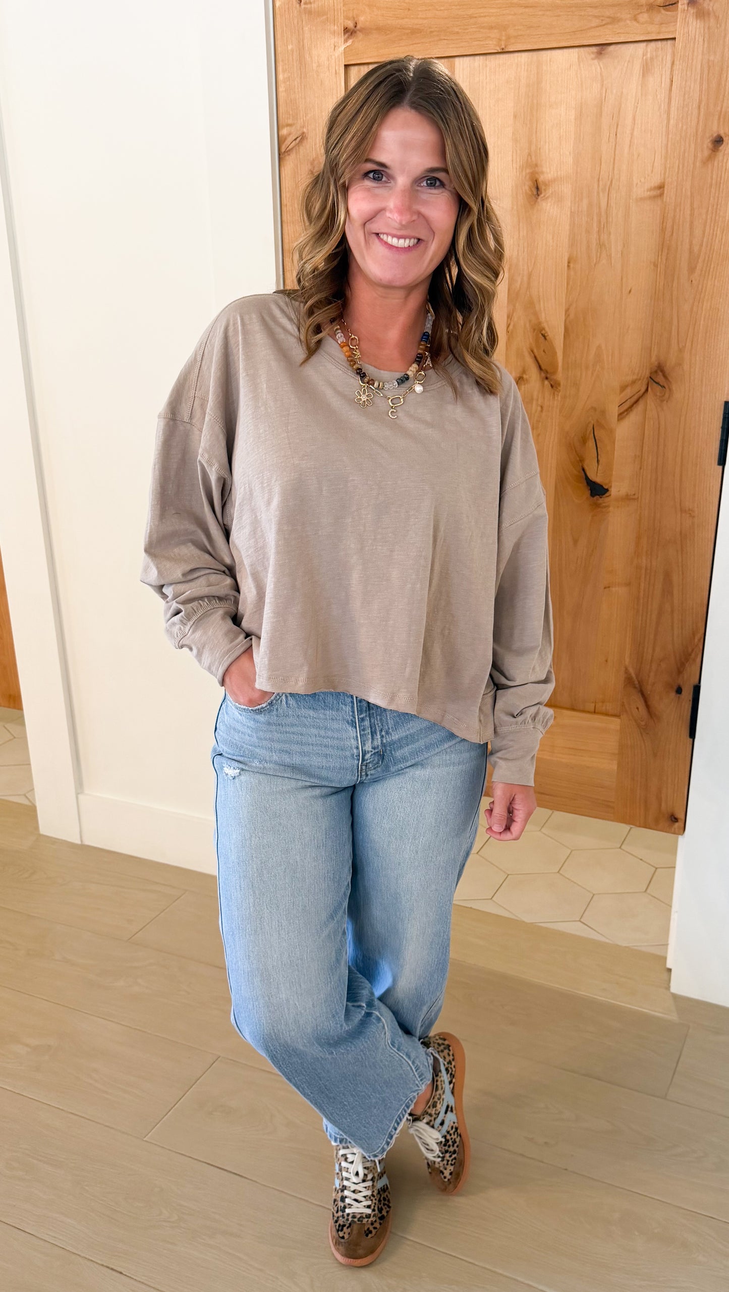 Cotton Slub Open Back Long Sleeve, Taupe