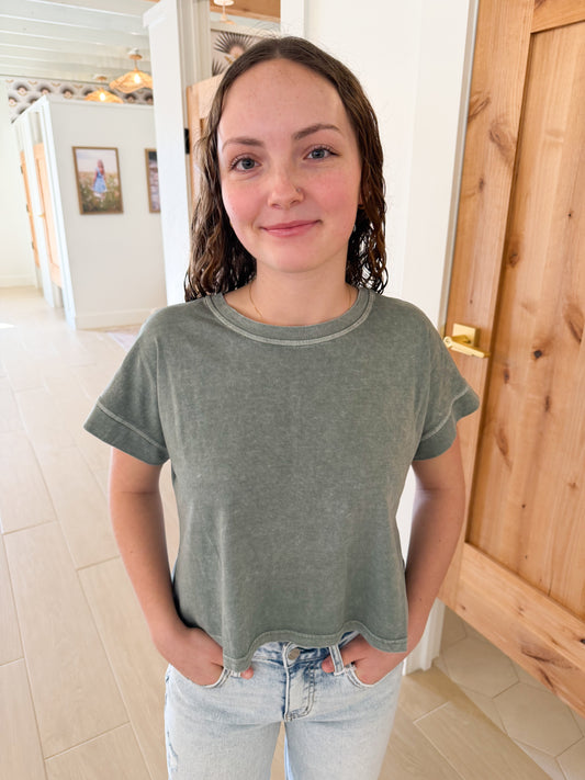 Washed Short Sleeve Boxy Tee, Olive