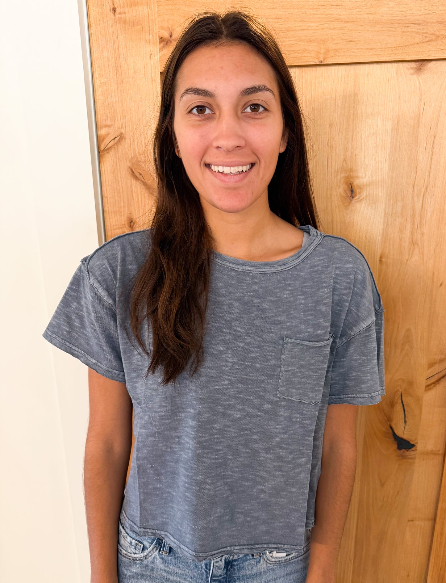 Raw Edge Short Sleeve Crop Tee, Ash Blue