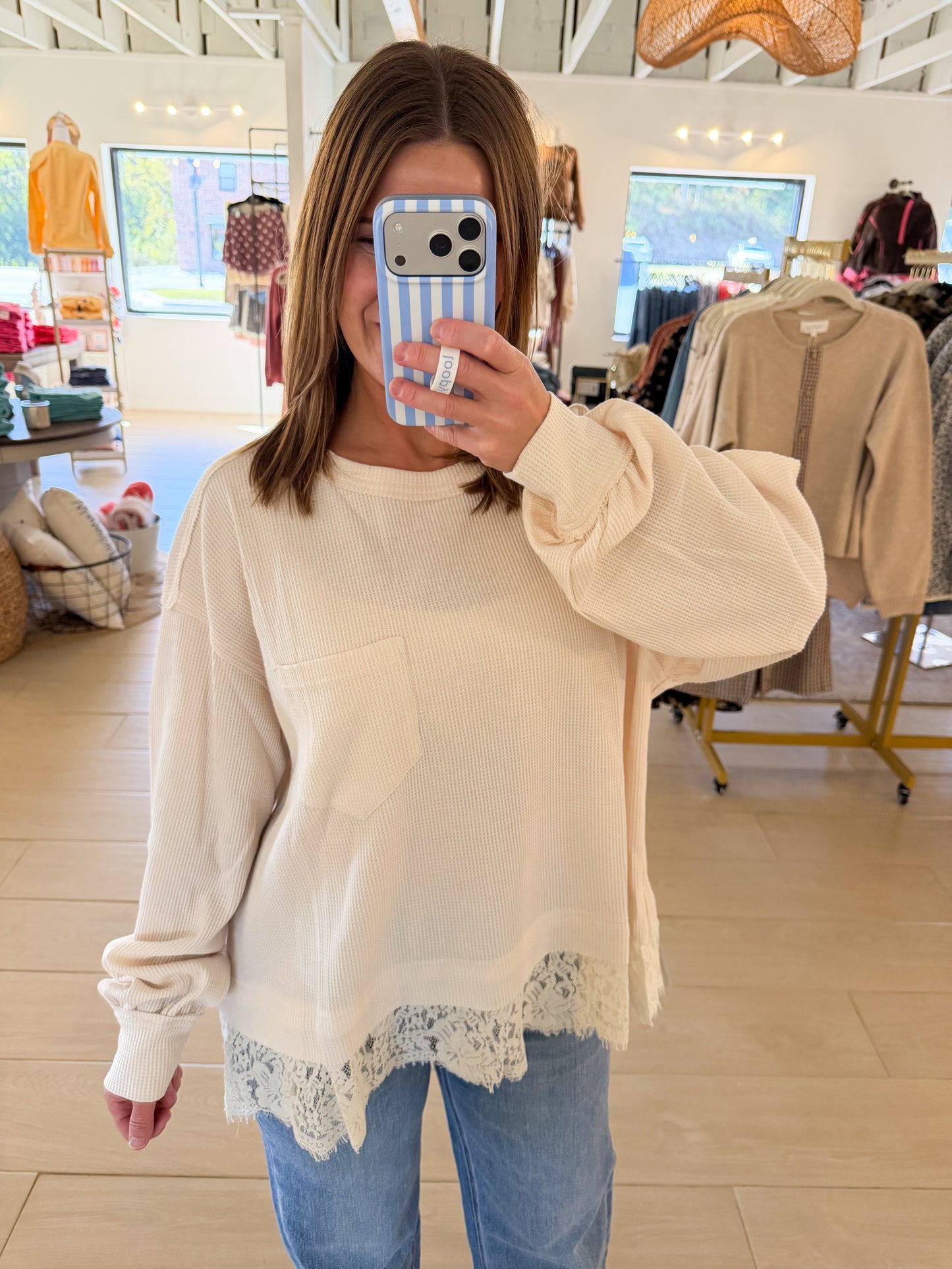 Lace Trim Thermal Top, Cloud