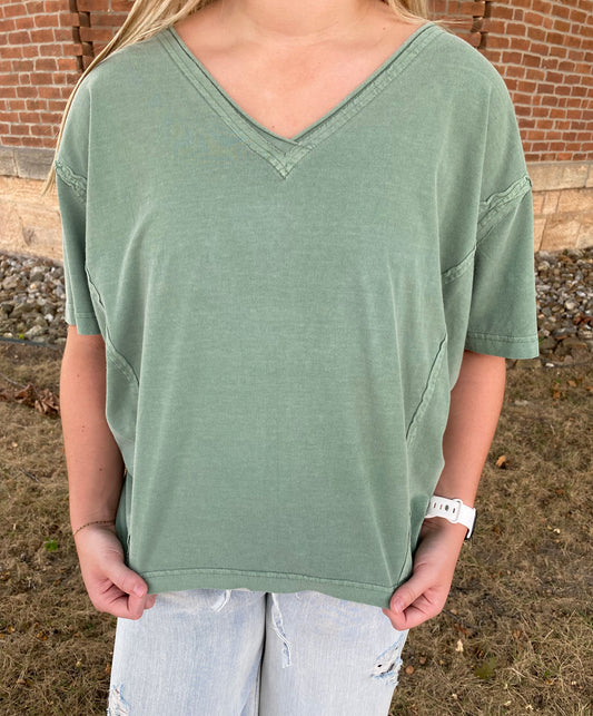 Washed Raw Edge V Neck Short Sleeve Knit Top, Olive