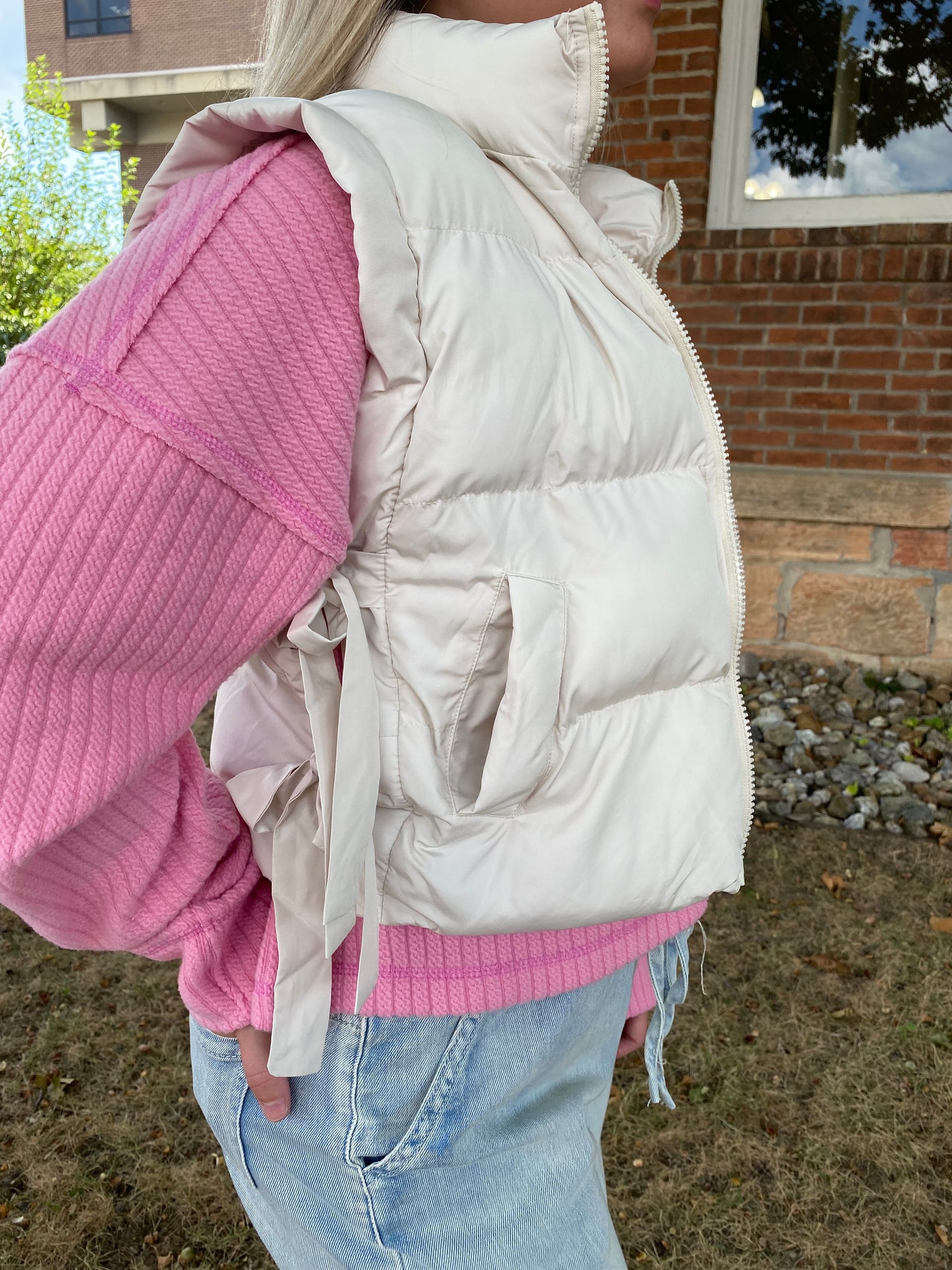 Side Bow Tie Front Zipper Crop Puffer Vest, Ecru