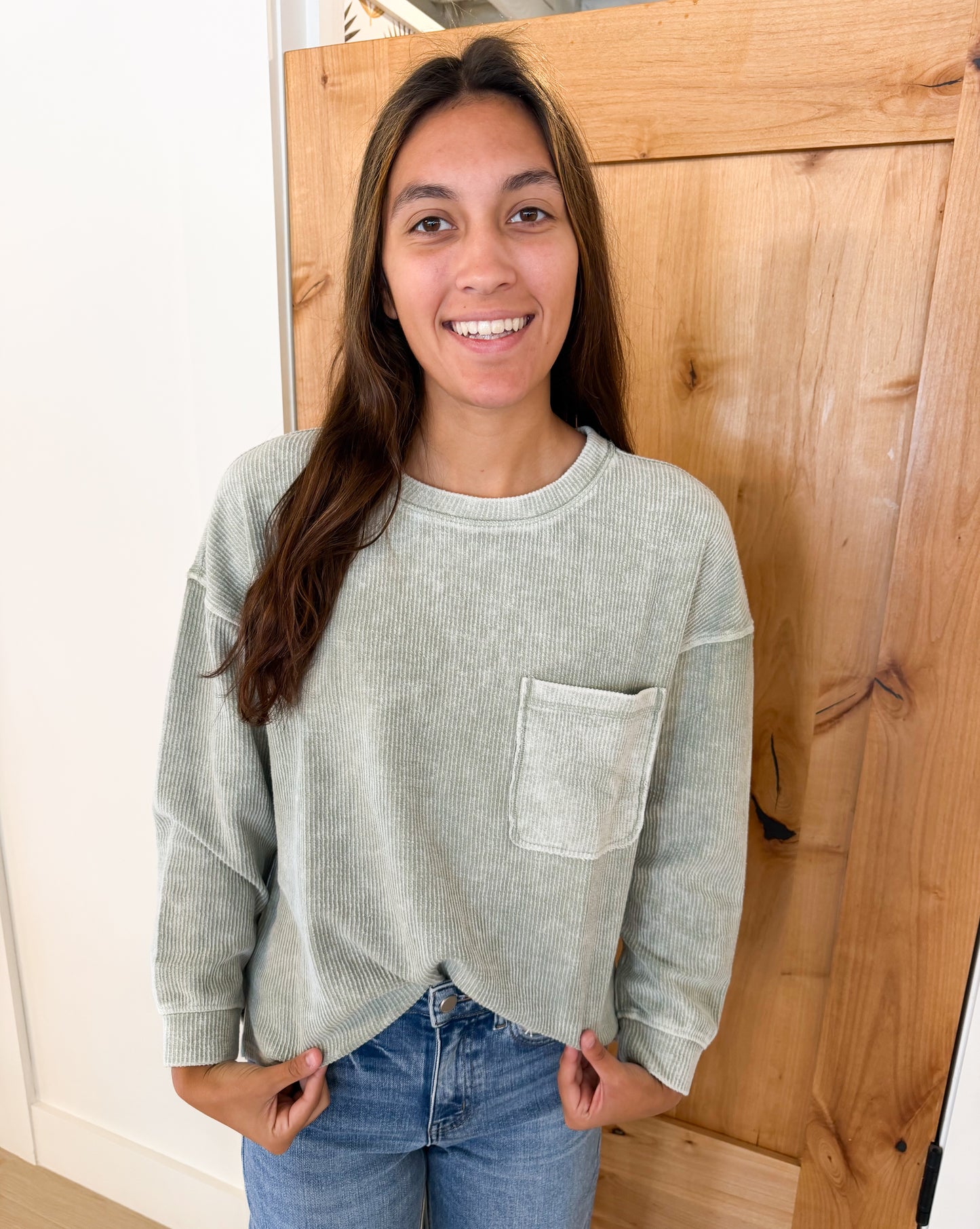 Washed Pocket Long Sleeve Rib Top, Multiple