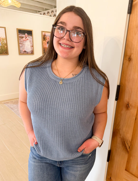 Sleeveless Knit Sweater, Cloud Blue