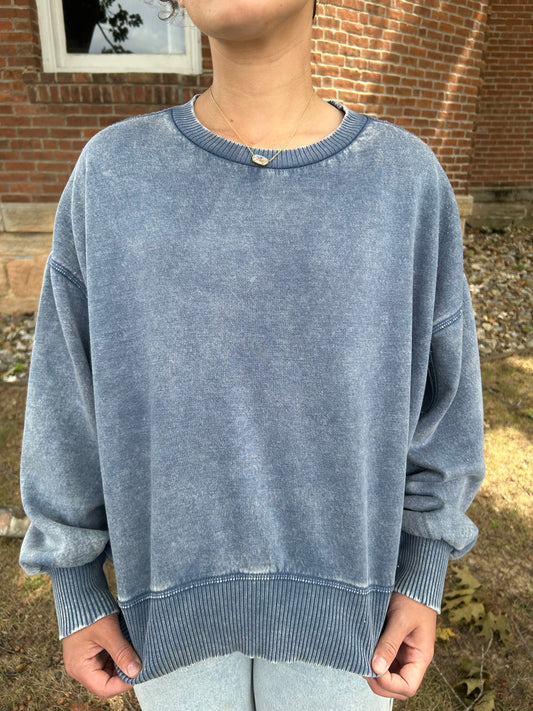 Acid Wash Oversized Fleece Pullover, Dusty Blue