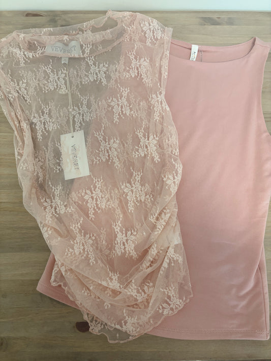 Lace Sleeveless Mesh Top, Pink