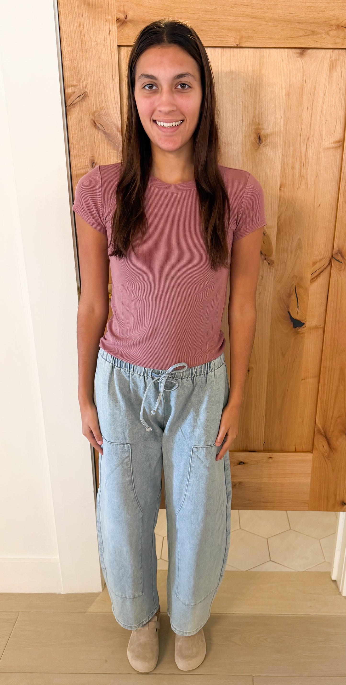 Drawstring Barrel Denim Pants, Denim