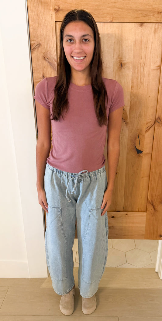 Drawstring Barrel Denim Pants, Denim