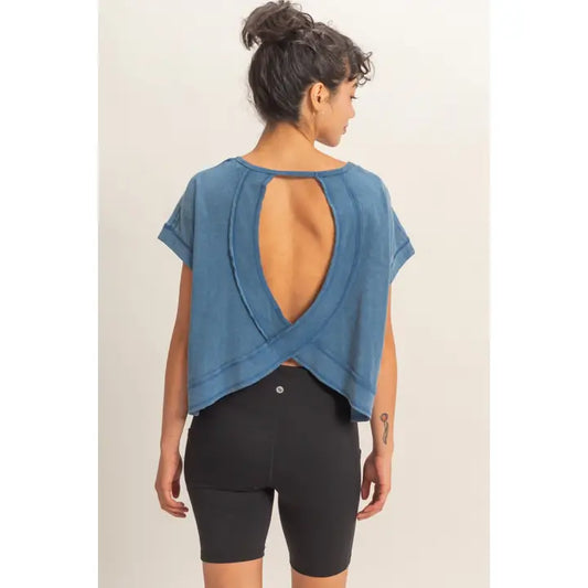 Acid Washed Cross Detail Open Back Top, Navy