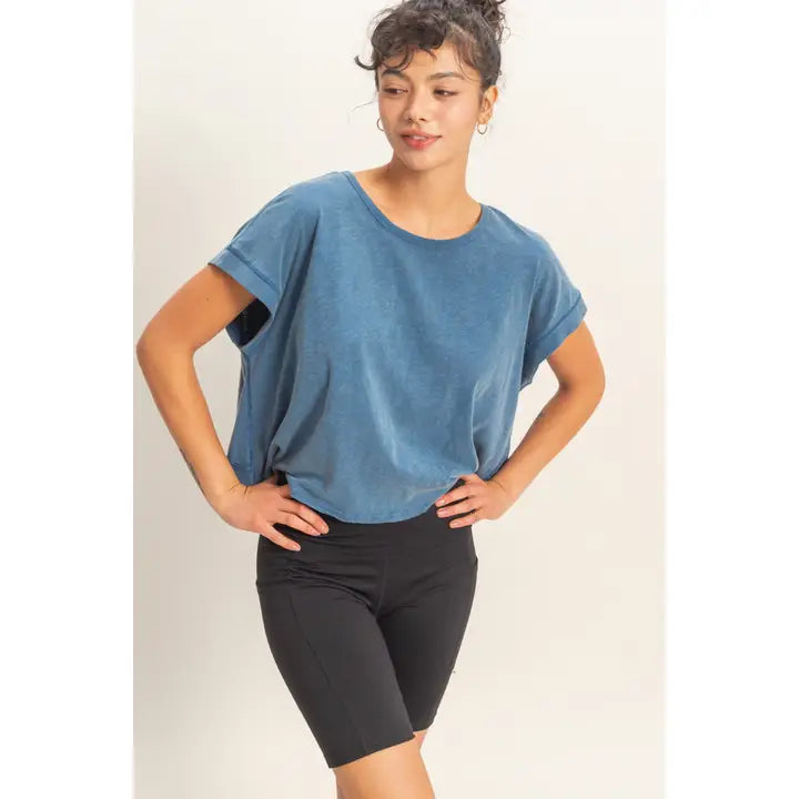 Acid Washed Cross Detail Open Back Top, Navy