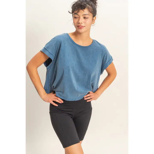 Acid Washed Cross Detail Open Back Top, Navy