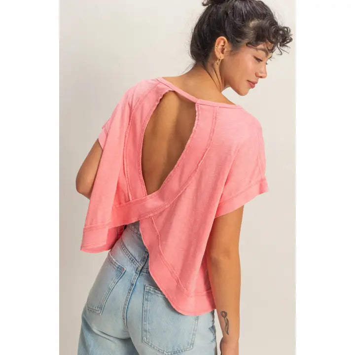 Acid Washed Cross Detail Open Back Top, Taffy