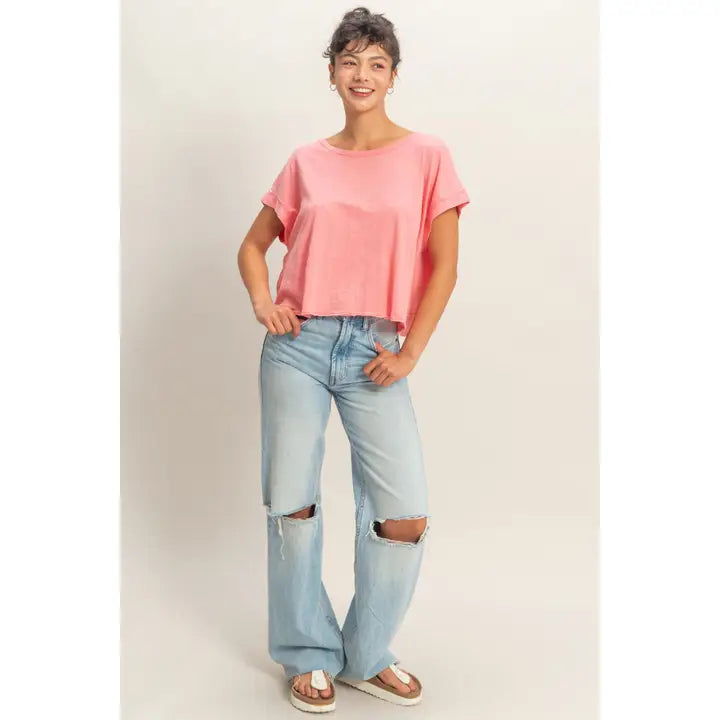 Acid Washed Cross Detail Open Back Top, Taffy