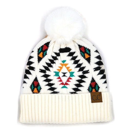 Aztec Pattern Beanie, White