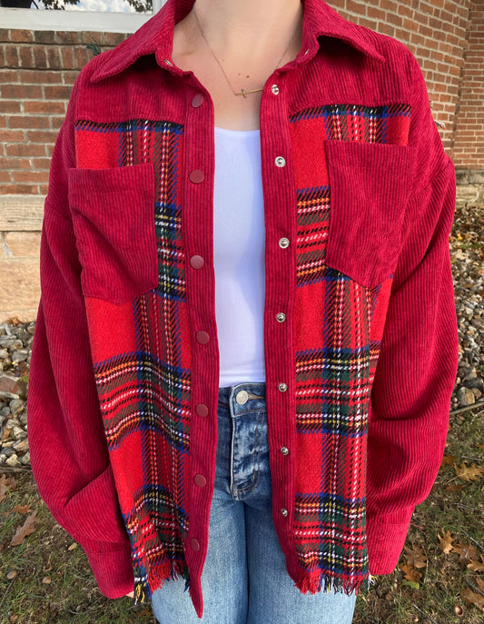 Frayed Corduroy Plaid Jacket, Red
