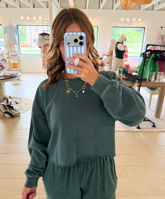 Mineral Wash Cropped Sweatshirt, Dark Green