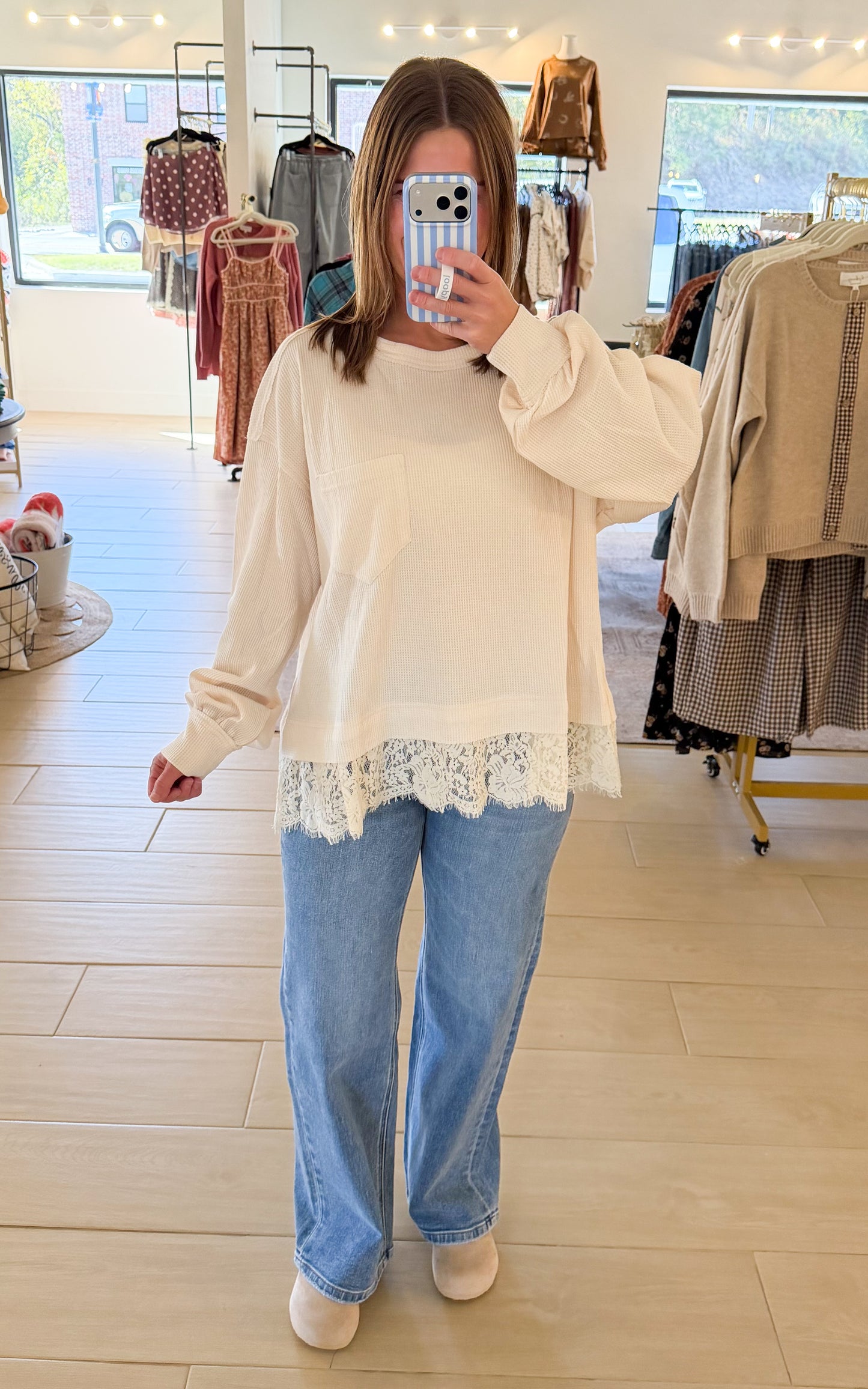 Lace Trim Thermal Top, Cloud