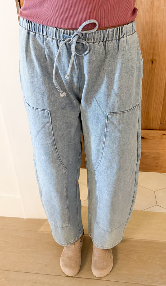 Drawstring Barrel Denim Pants, Denim