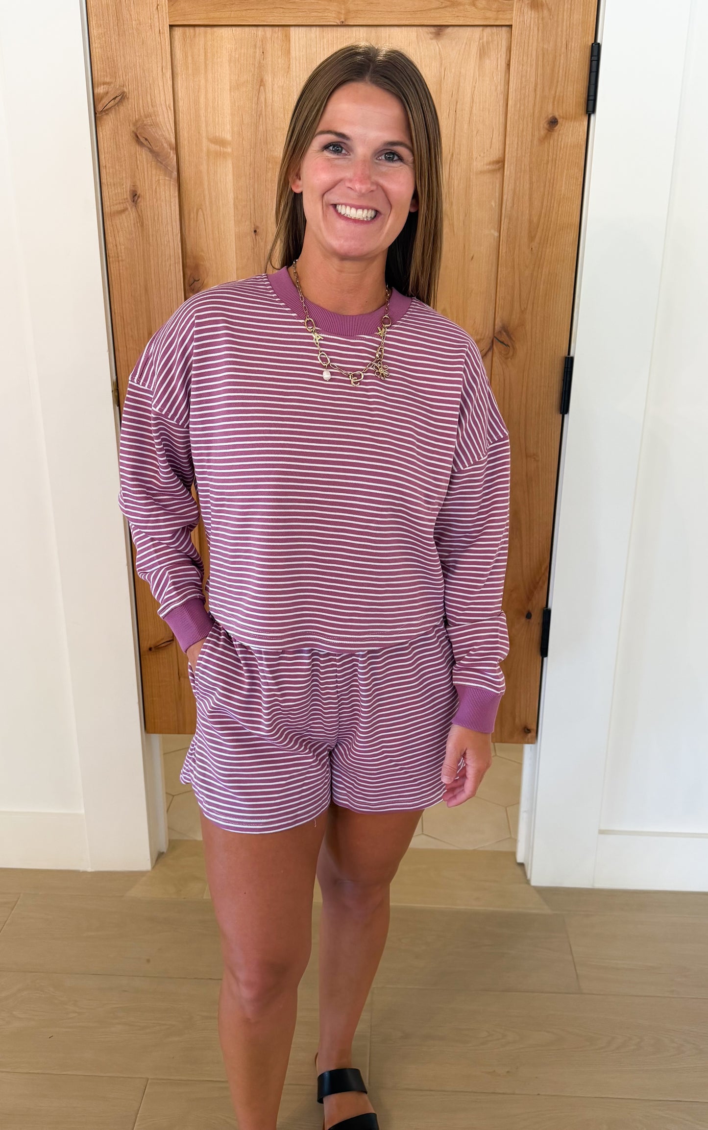 Boardwalk Stripe Crewneck Set, Mulberry