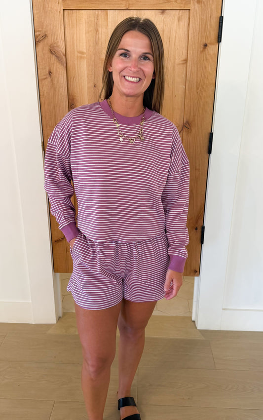 Boardwalk Stripe Crewneck Set, Mulberry