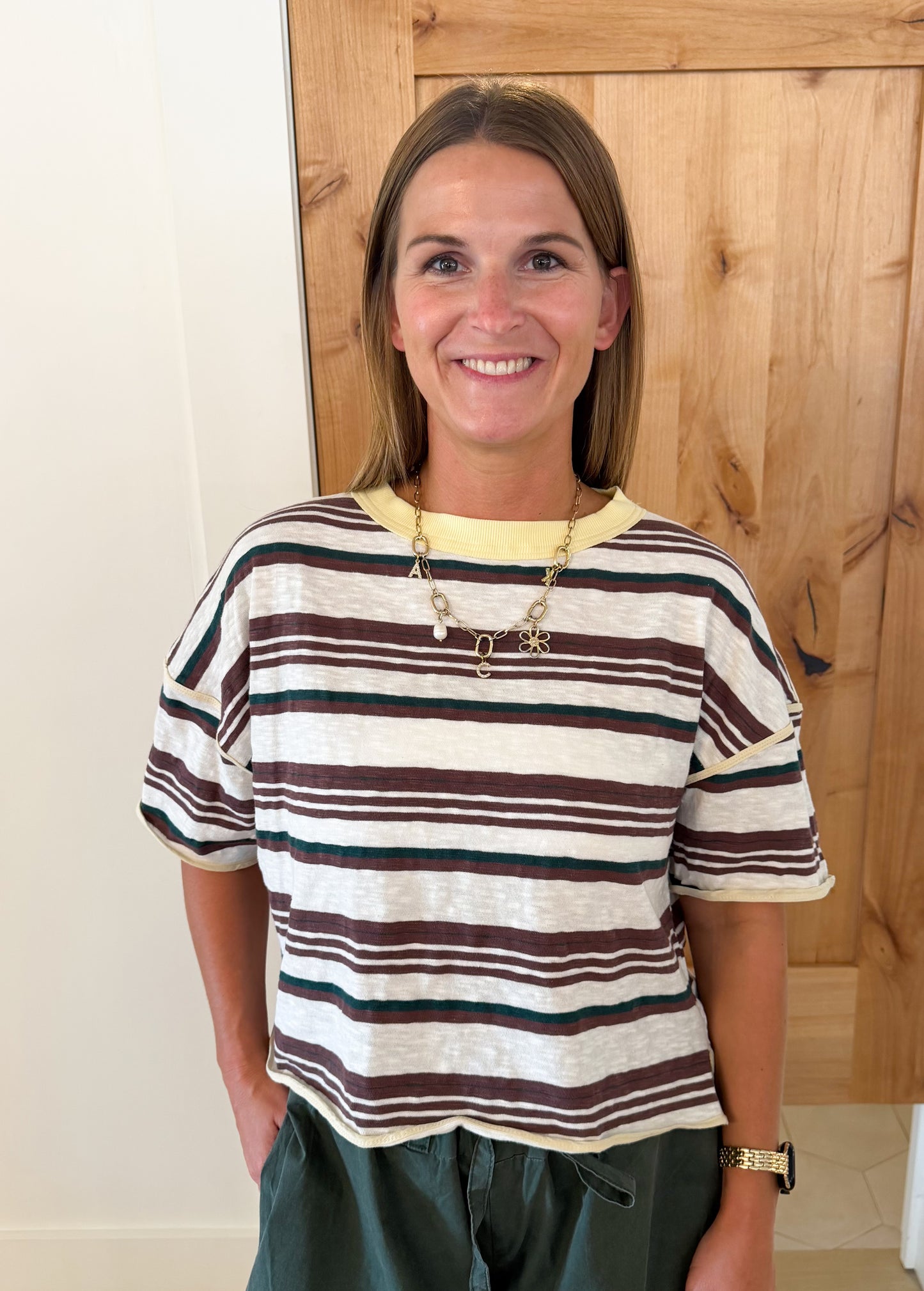 Striped Boxy T-Shirt, Forest Cream
