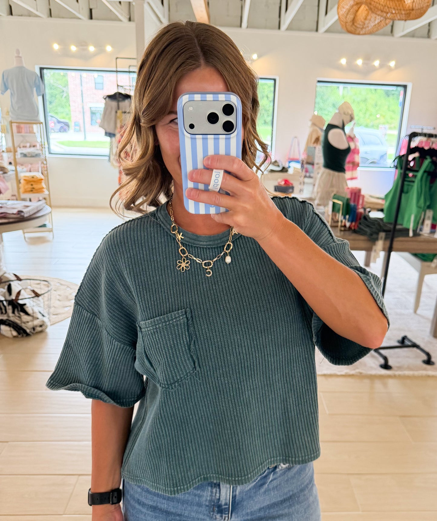 Mineral Wash Waffle Pocket Top, Dark Teal