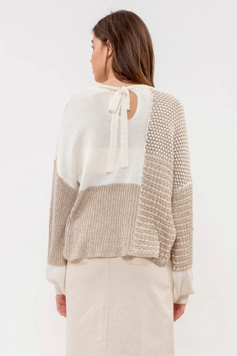 Back Tie Colorblock Knit Sweater