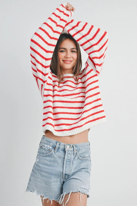 Basic Striped Knit Sweater, Red