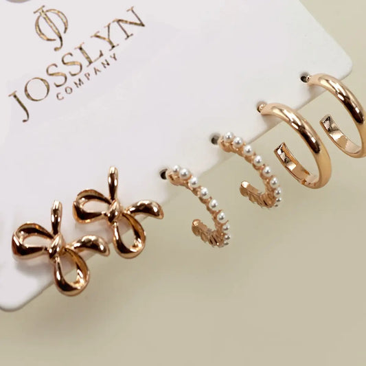 Bow Pearl Studded Gold Hoop Trio Earrings