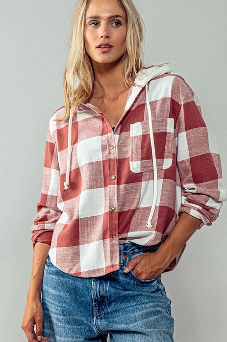 Button Down Gingham Flannel Hooded Shirt