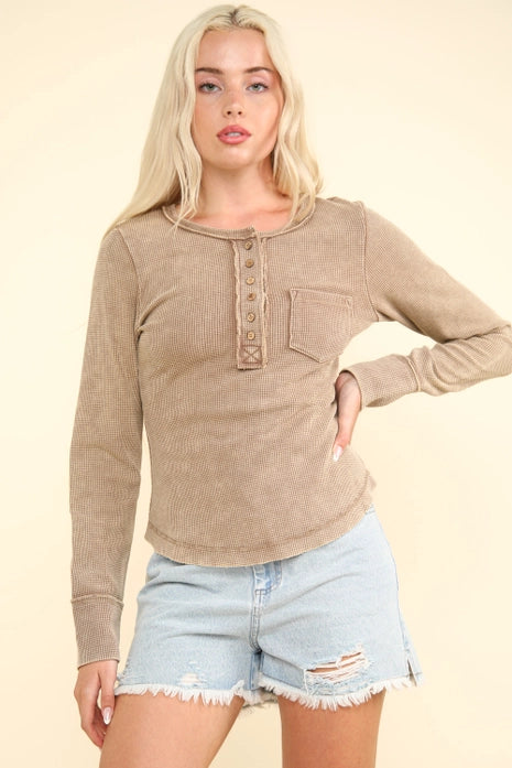 Button Down Washed Waffle Knit Top, Mocha