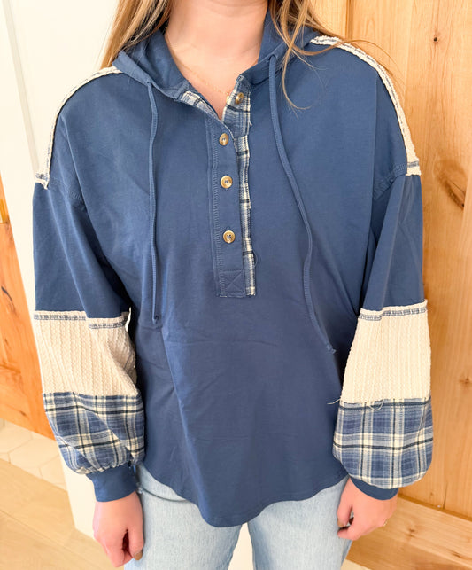 Plaid Contrast Hoodie Pullover, Denim
