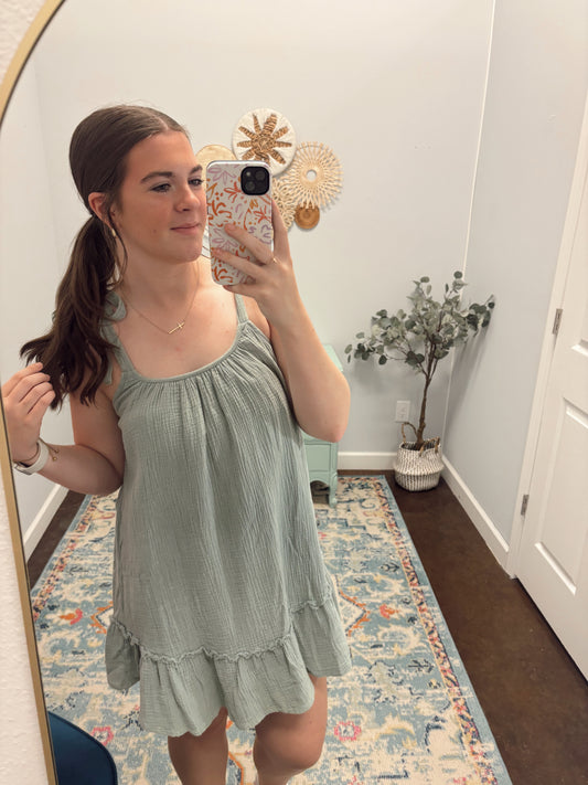 Mineral Washed Shoulder Tie Mini Dress, Sage