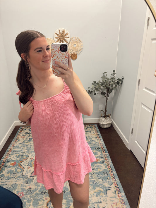 Mineral Washed Shoulder Tie Mini Dress, Pink