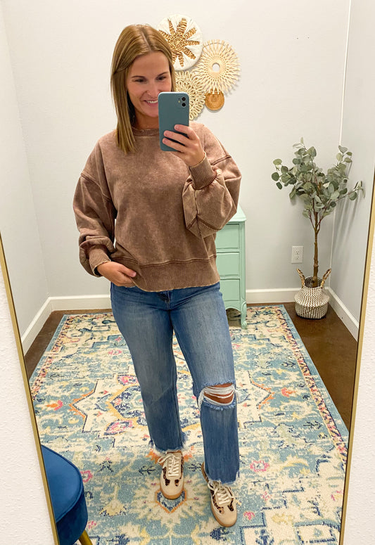 Acid Wash Oversized Fleece Pullover, Brown