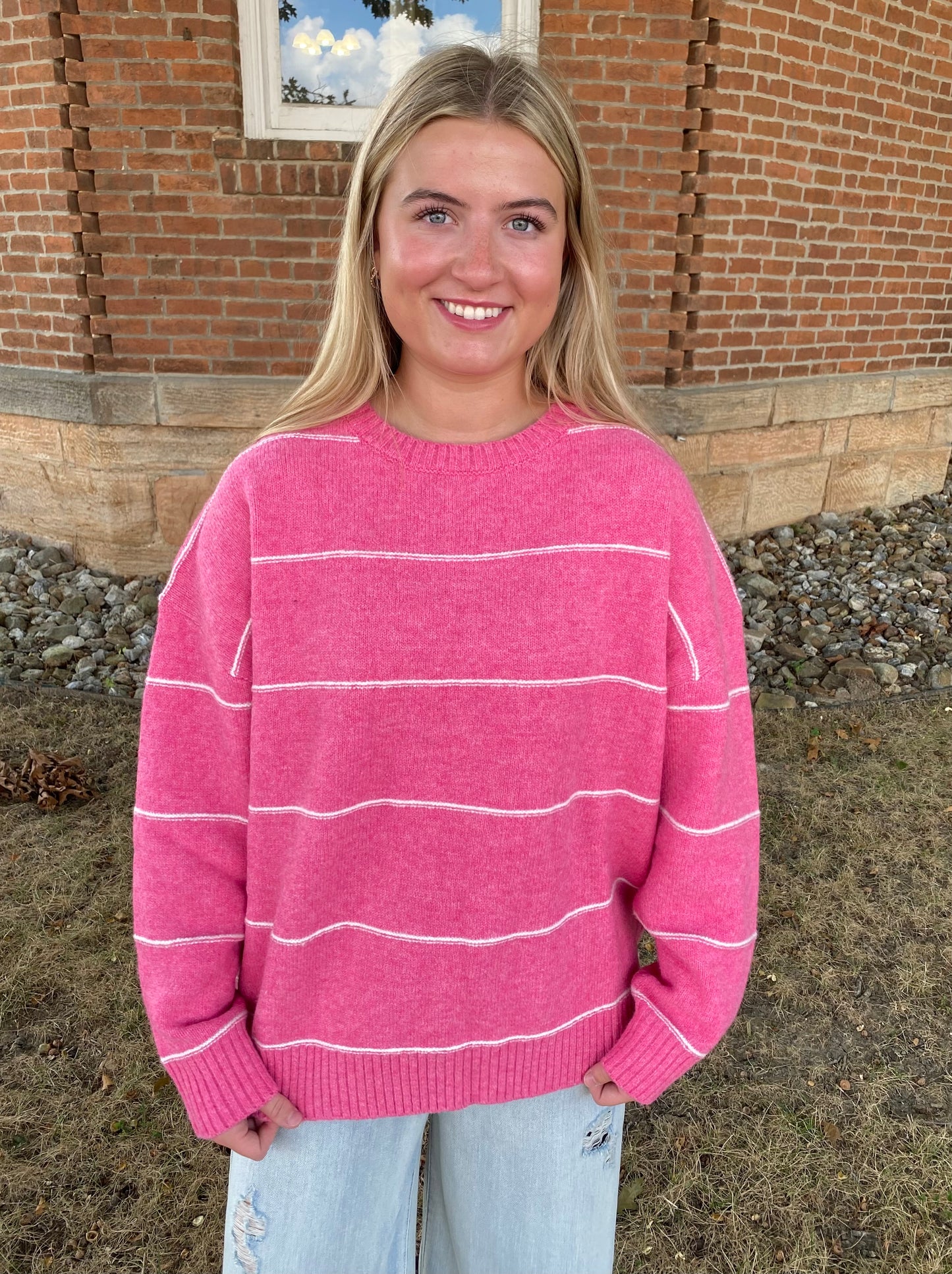 Striped Pattern Drop Shoulder Sweater, Pink