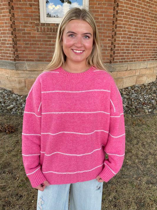 Striped Pattern Drop Shoulder Sweater, Pink