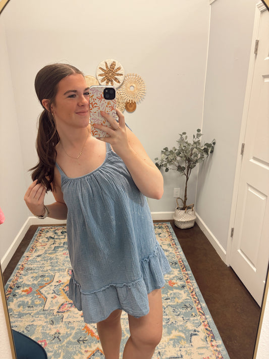 Mineral Washed Shoulder Tie Mini Dress, Denim