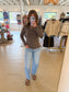 Ribbed Long Sleeve Basic Top, Dark Brown