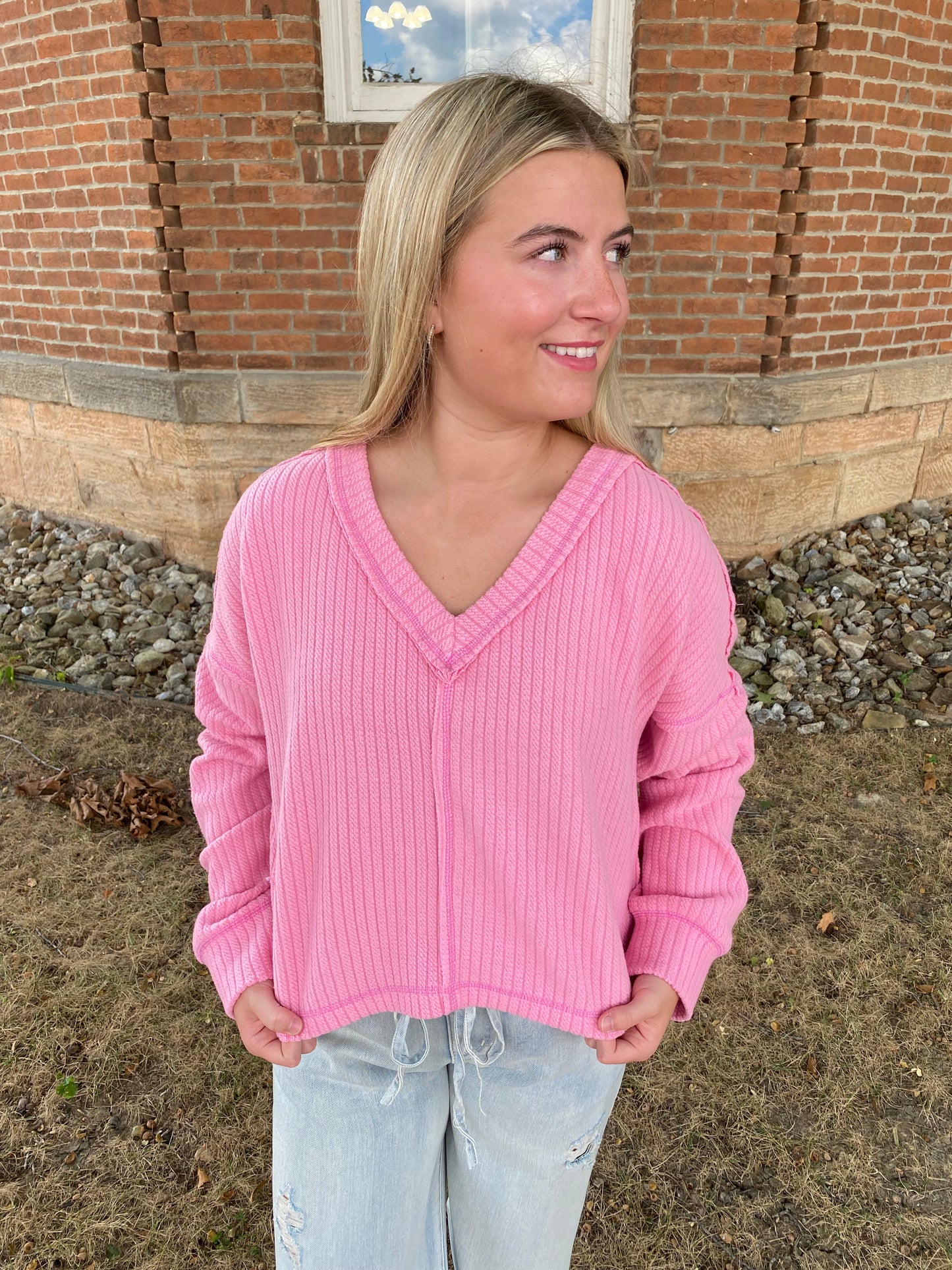 Casual Comfy Soft V-Neck Knit Top, Pink
