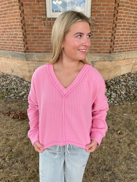 Casual Comfy Soft V-Neck Knit Top, Pink