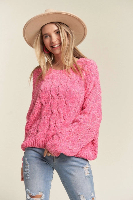 Cable Knit Sweater Top, Pink